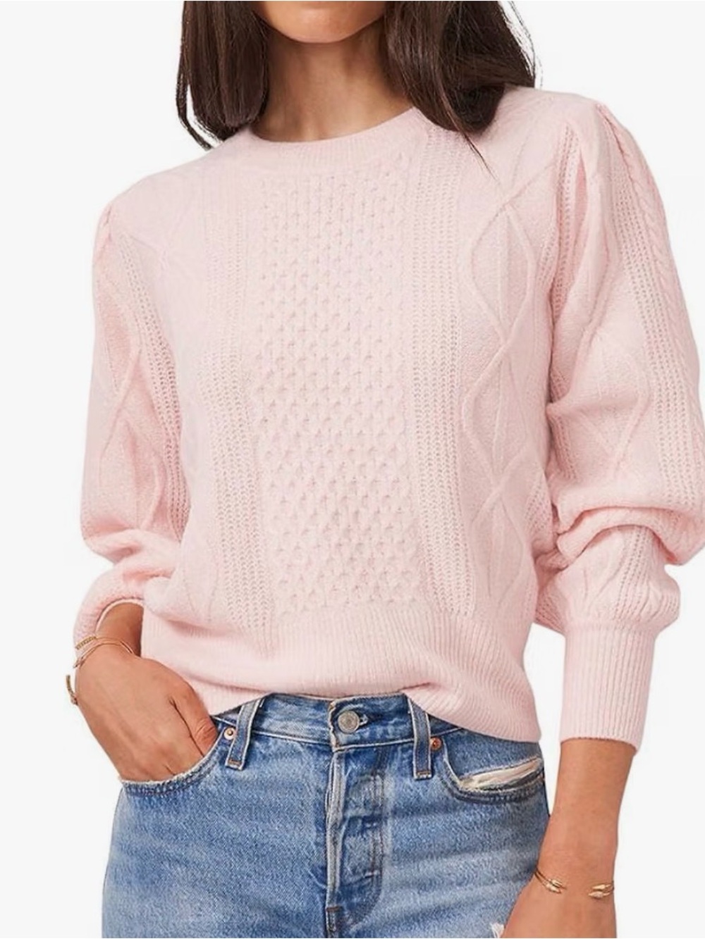 1. State Pale Pink Cable Knit Puff-Sleeve Sweater size medium